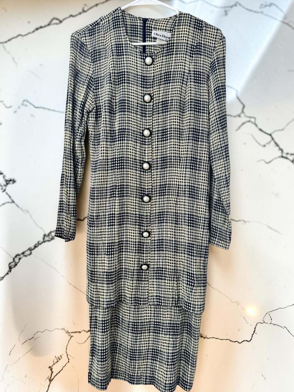 Ultra Dress New York Vintage Black and White Checkered Long Sleeve Dress with Pe